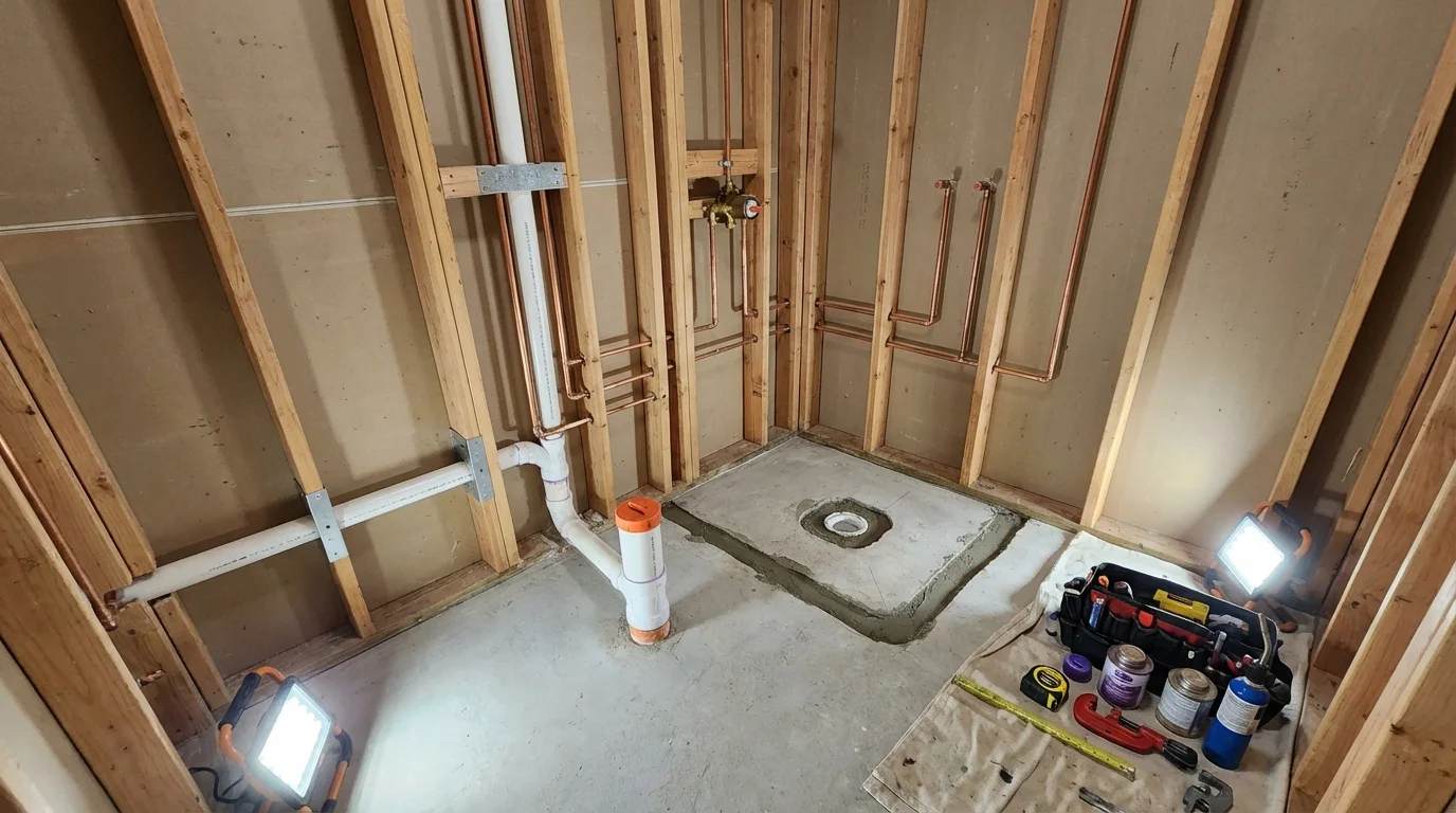 Bathroom rough-in plumbing during remodel by Johns Plumbing LLC in Hanceville