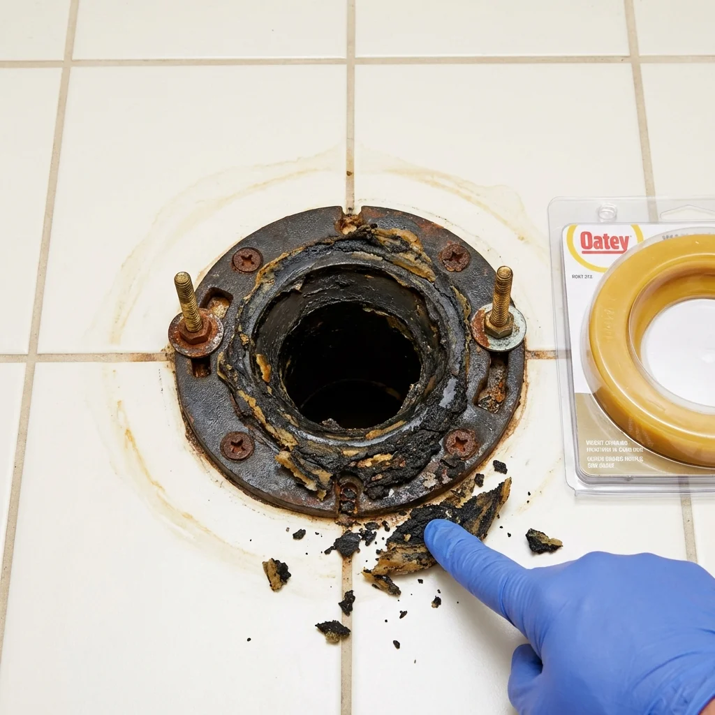 Failed wax ring showing water seepage at the base of a toilet in a Hanceville, AL home