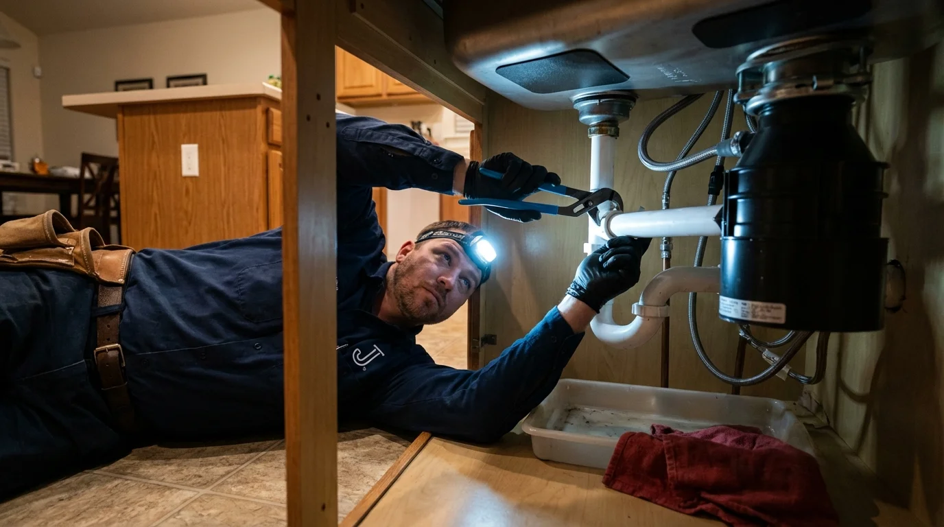 P-trap and supply line connections under a kitchen sink showing a common leak point in Hanceville, AL